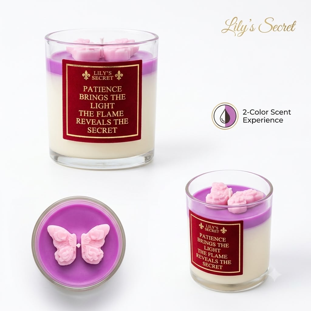 Lily's Secret two-colour candle with a butterfly wax topper