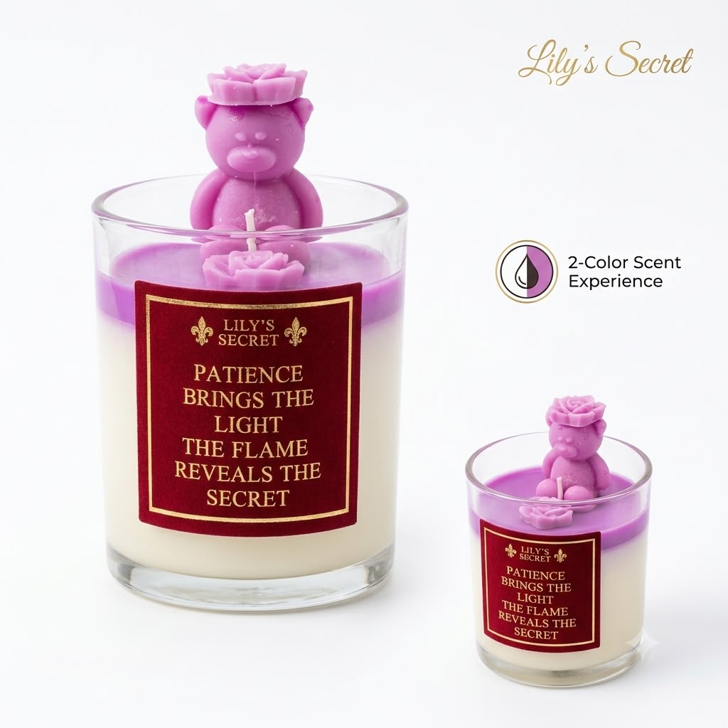 Lily's Secret two-colour candle with a hand-poured teddy bear topper