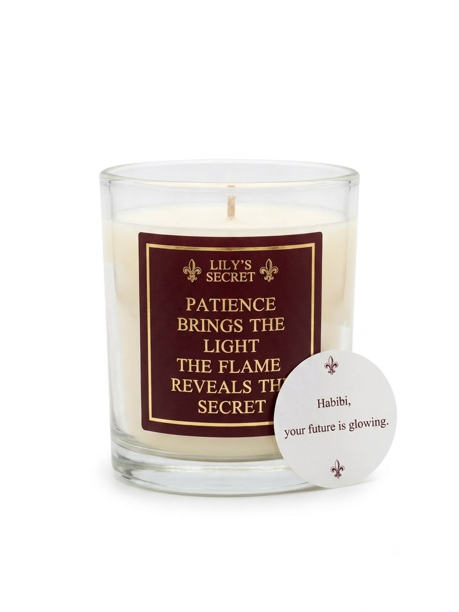 A Lily's Secret candle with the message disc: Habibi, your future is glowing