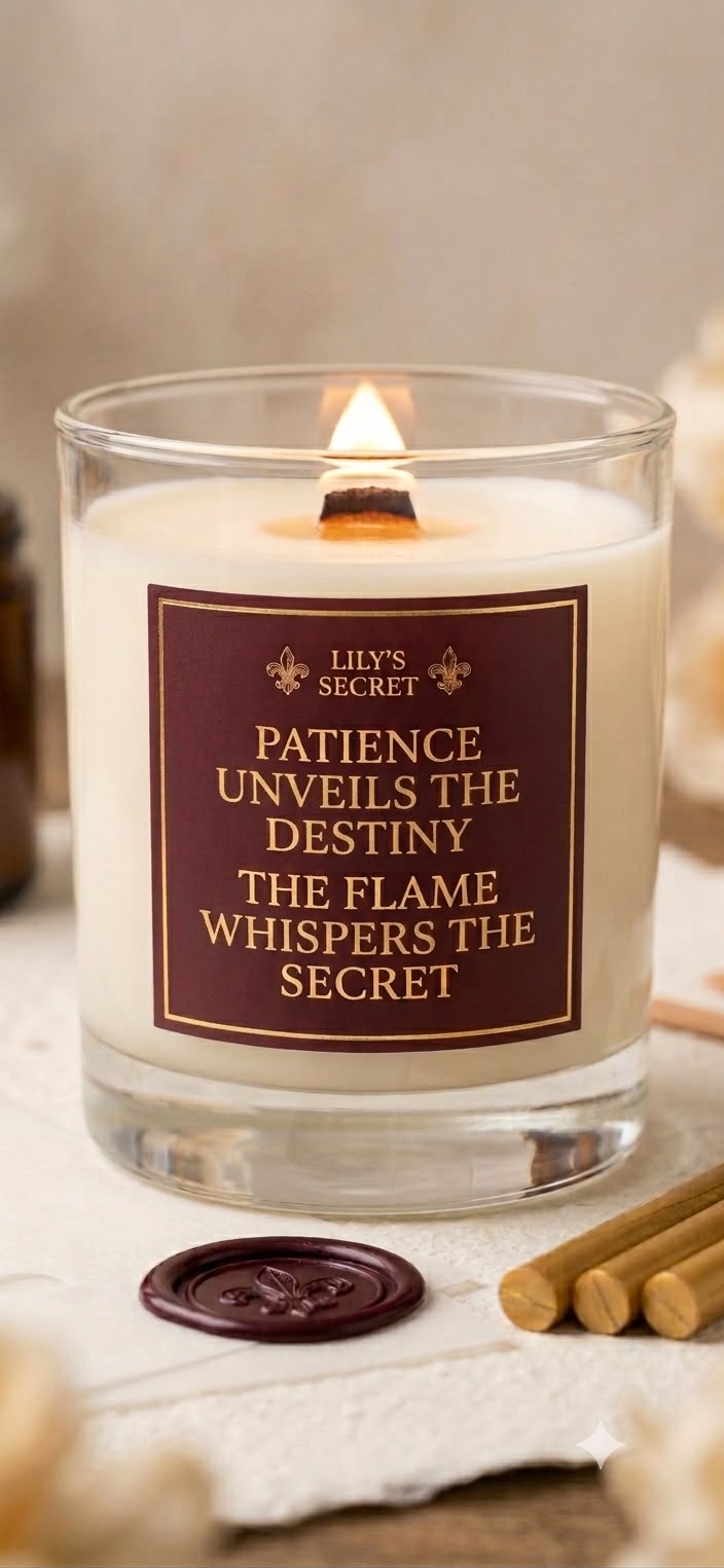 A lit Lily's Secret candle beside its burgundy wax seal and gold seals